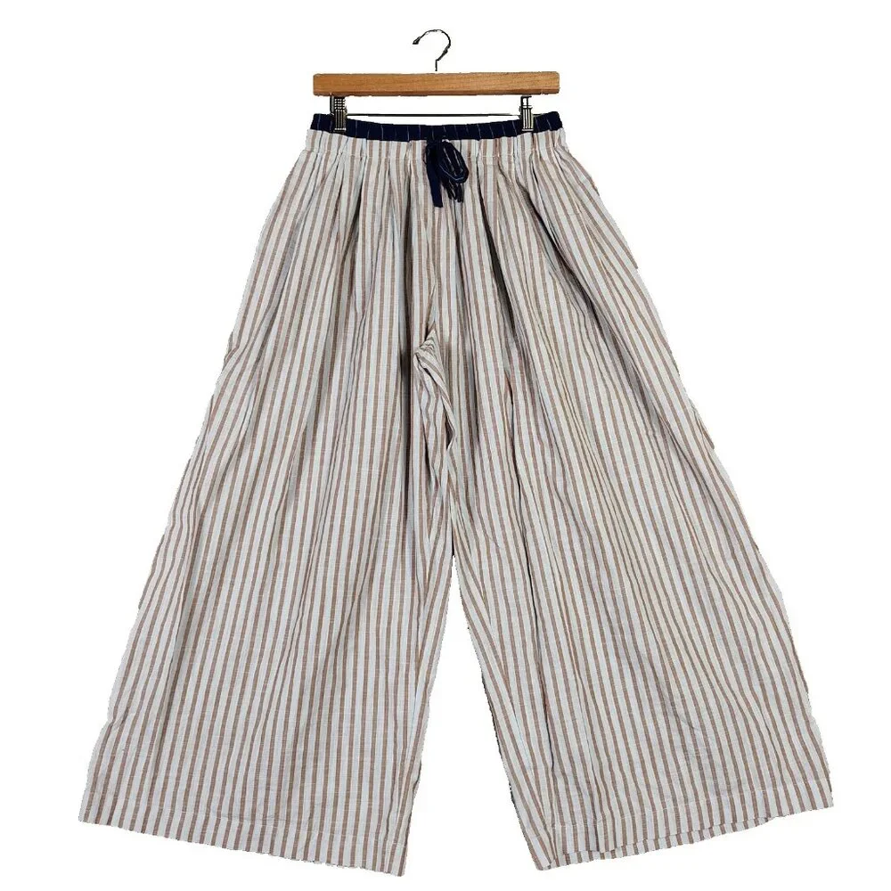 By Anthropologie Pants Women Small Gray Brown Striped Drawstring Waist Wide Leg - Picture 1 of 13